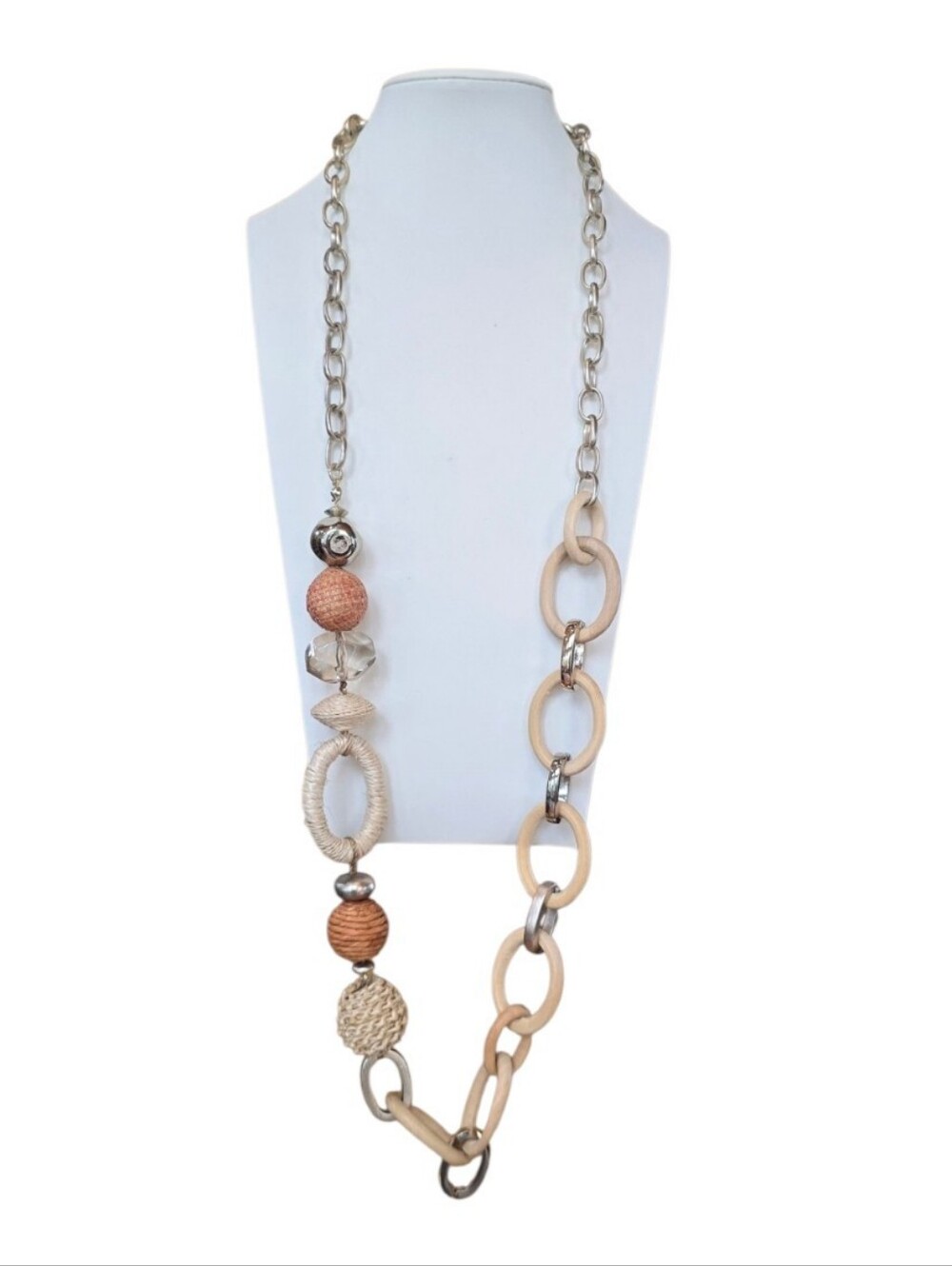 Chico's Chunky Tan Neutral Jute Wooden Link Silver Tone Chain Necklace